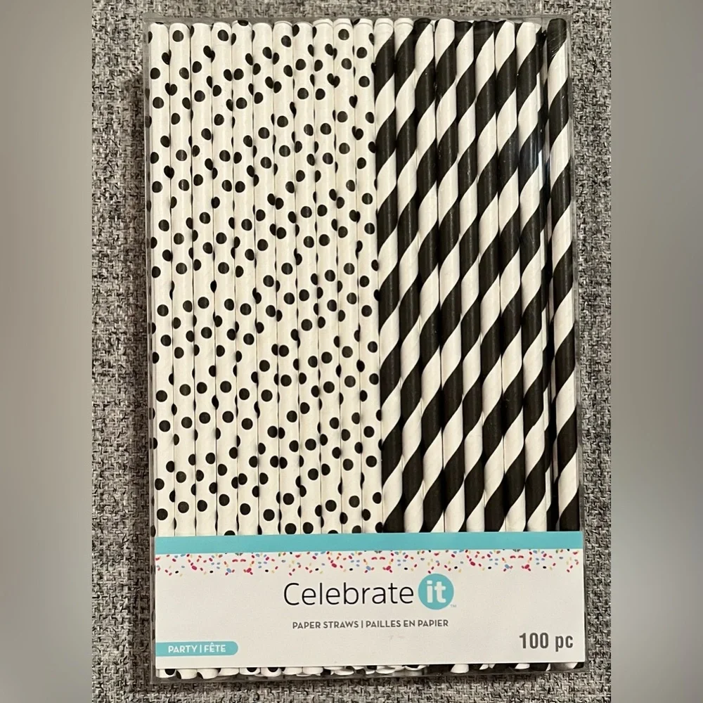 Celebrate It Black and White Polka Dot and Stripe Paper Straws